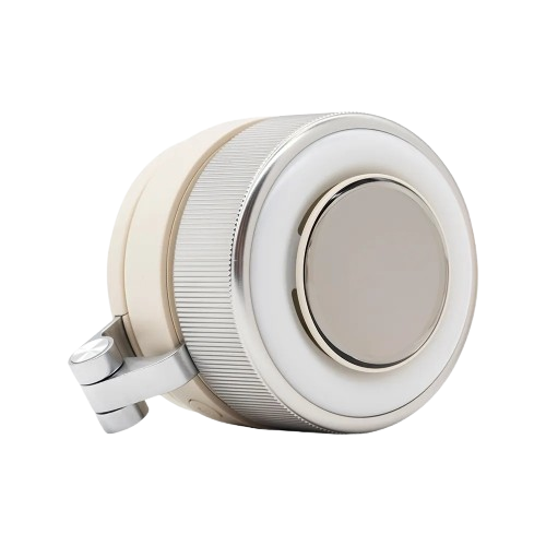 AURA ONE portable magnetic fan in cream and chrome, with its LED ring light and folding metal clip