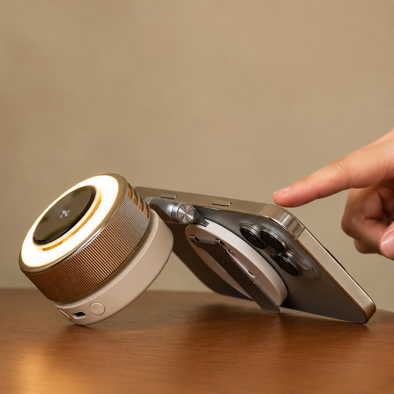 The retractable metal support arm of AURA ONE folded out to hold a phone upright on a desk